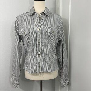 DKNY Size 10 Black, White Striped Cropped Denim Jacket Top